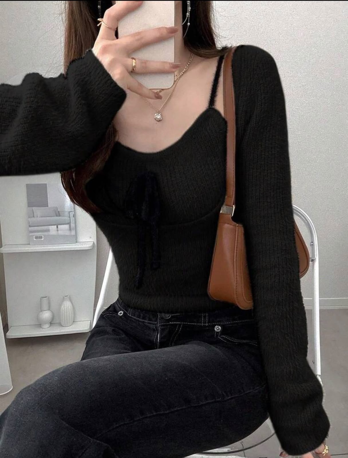 Fuzzy knit cami & shrug set in Black