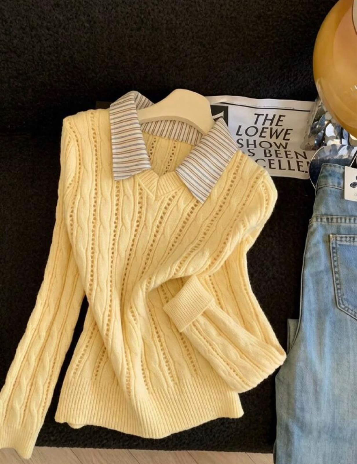 Cable-knit sweater with shirt collar in Butter yellow